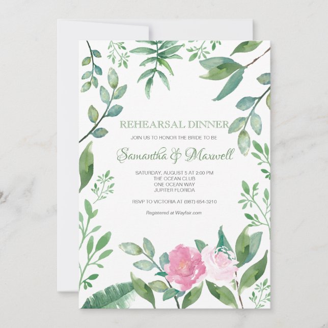 Rehearsal Dinner Invitation Greenery & Pink Roses (Front)