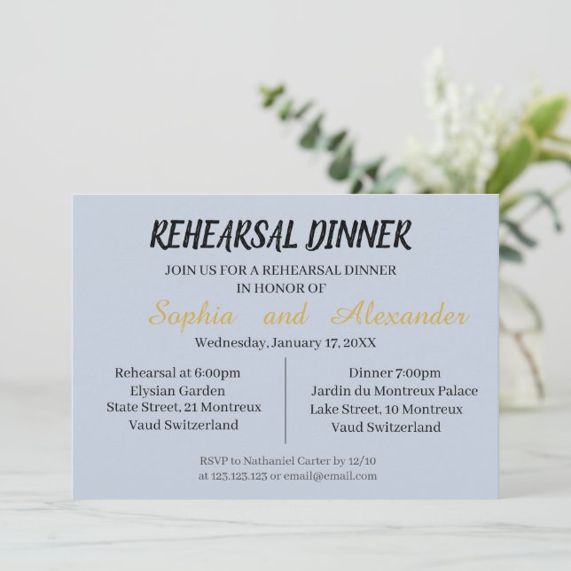 Rehearsal dinner invitation in cyan and black (Standing Front)