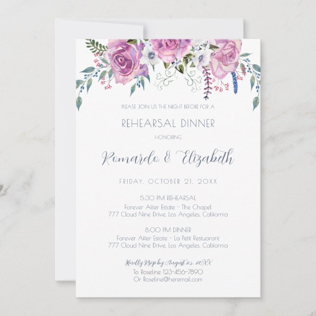 Rehearsal Dinner Invitation with Pink Purple Roses (Front)