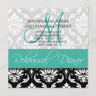 Rehearsal Dinner Invite Damask Monogram Turquoise