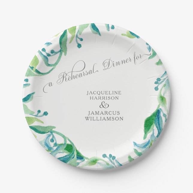 Rehearsal Dinner Laurel Leaf  Olive Watercolor Paper Plate (Front)
