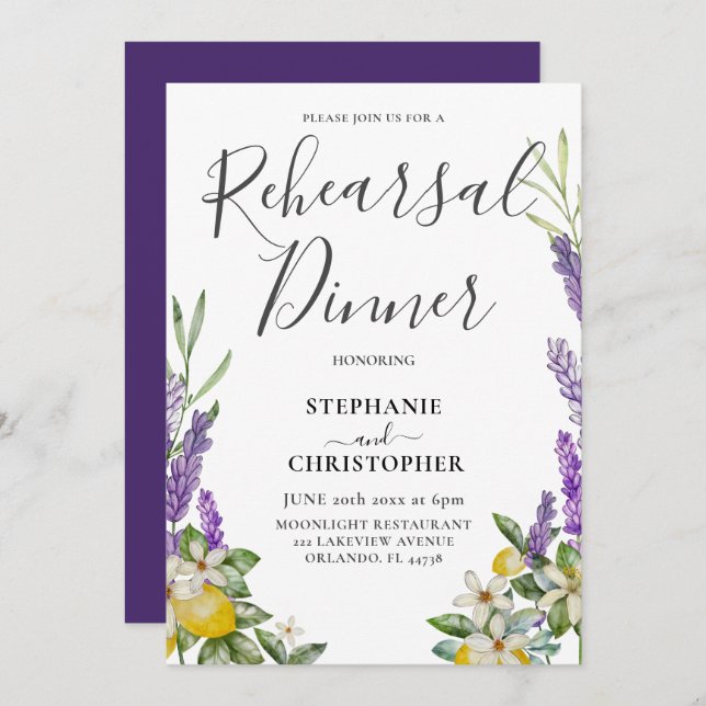 Rehearsal Dinner Lemon & Lavender Foliage Wedding  Invitation (Front/Back)