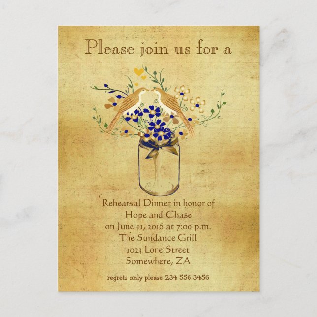 Rehearsal Dinner Mason Jar Wild Flower Love Birds Invitation Postcard (Front)