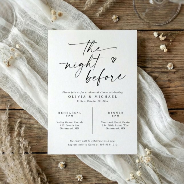 Rehearsal Dinner Modern Black & White Handwriting Invitation (Modern black and white rehearsal dinner invitation with handwritten script heart)