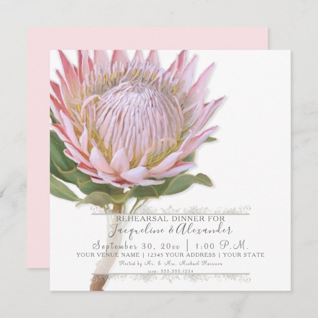 Rehearsal Dinner Modern Vintage Pink Protea Flower Invitation (Front/Back)