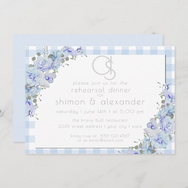 Rehearsal Dinner  | Monogram Blue Gingham Floral Invitation (Front/Back)