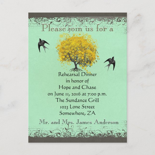 Rehearsal Dinner Mustard Heart Leaf Tree Invitation Postcard (Front)