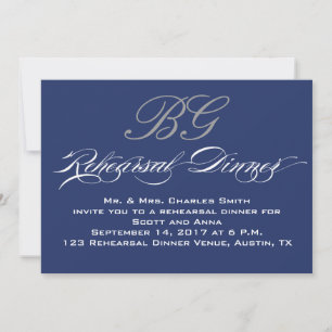 Rehearsal Dinner Navy Blue Grey Initials Invitation