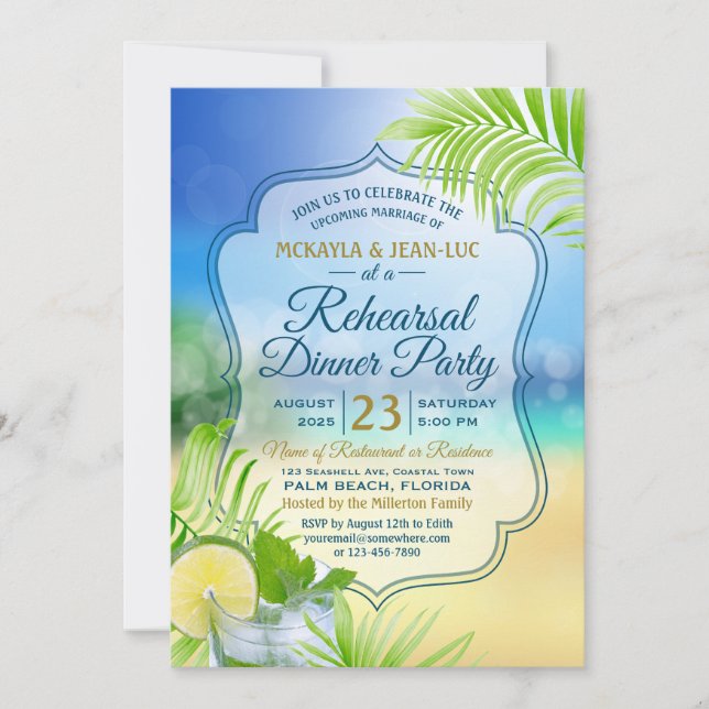 Rehearsal Dinner Party Beach Wedding Mojito Palm Invitation (Front)