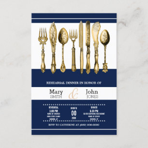 Rehearsal dinner party navy gold invitation