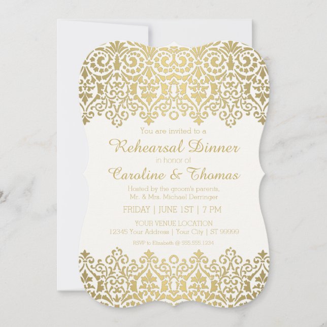 Rehearsal Dinner Party Vintage Golden Lace Elegant Invitation (Front)