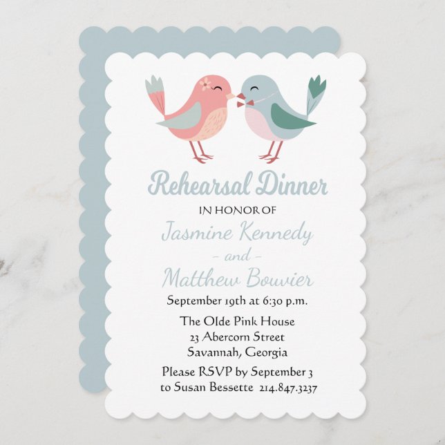 Rehearsal Dinner Pink & Blue Lovebirds Wedding Invitation (Front/Back)