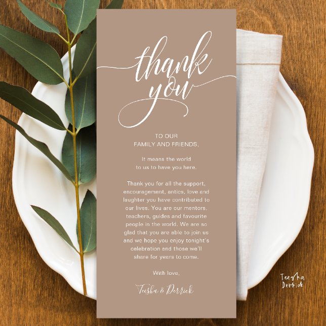 Rehearsal Dinner Place Setting Thank you Card (Modern Script Wedding Guest Dinner Reception Brunch Lunch Thank You Card in Warm Chic Taupe Brown)