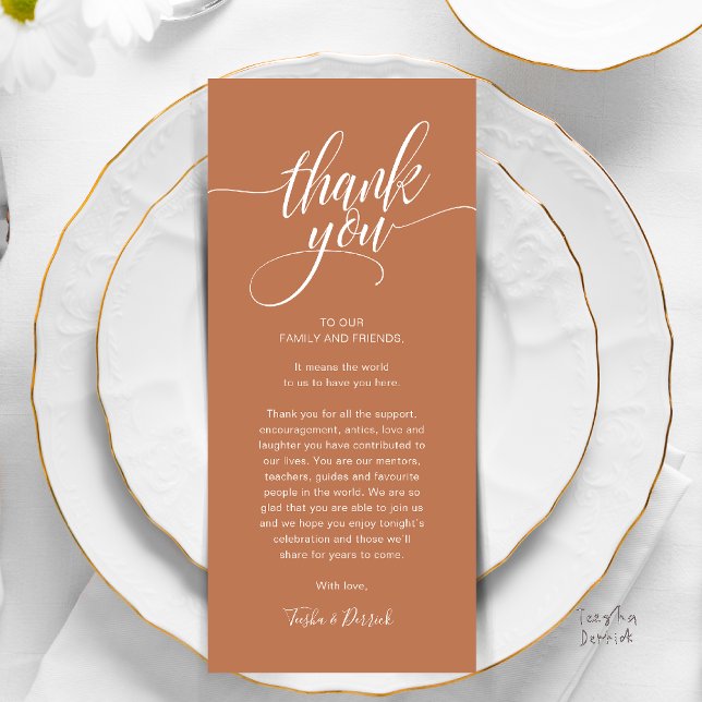 Rehearsal Dinner Place Setting Thank you Card (Modern Script Wedding Guest Dinner Reception Brunch Lunch Thank You Card in Copper Brown Terracotta)