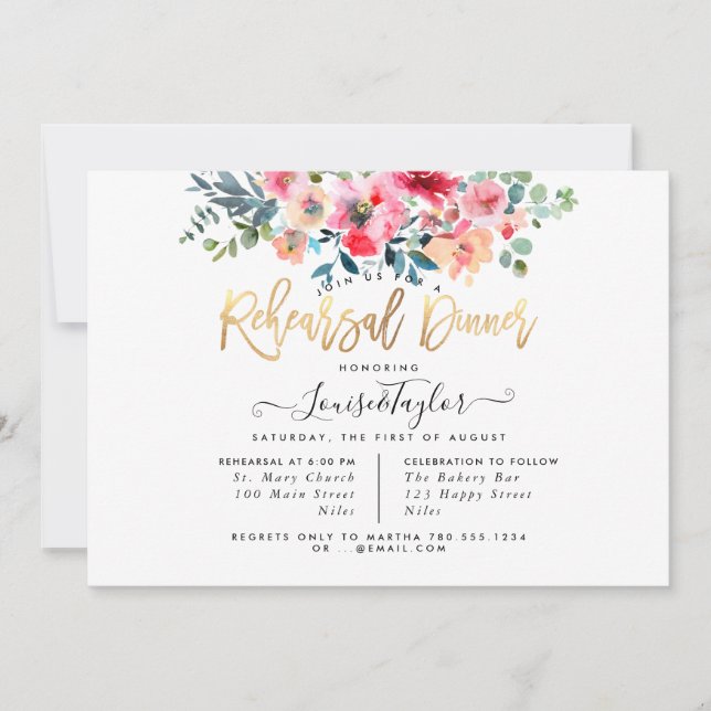 Rehearsal Dinner Red Ombre Watercolor Roses Invitation (Front)