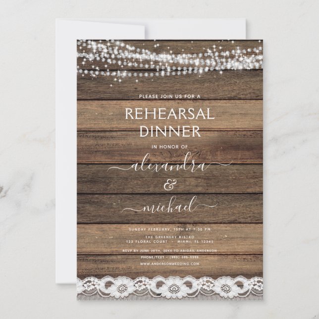 Rehearsal Dinner Rustic Farmhouse Lace Wood Invitation (Front)