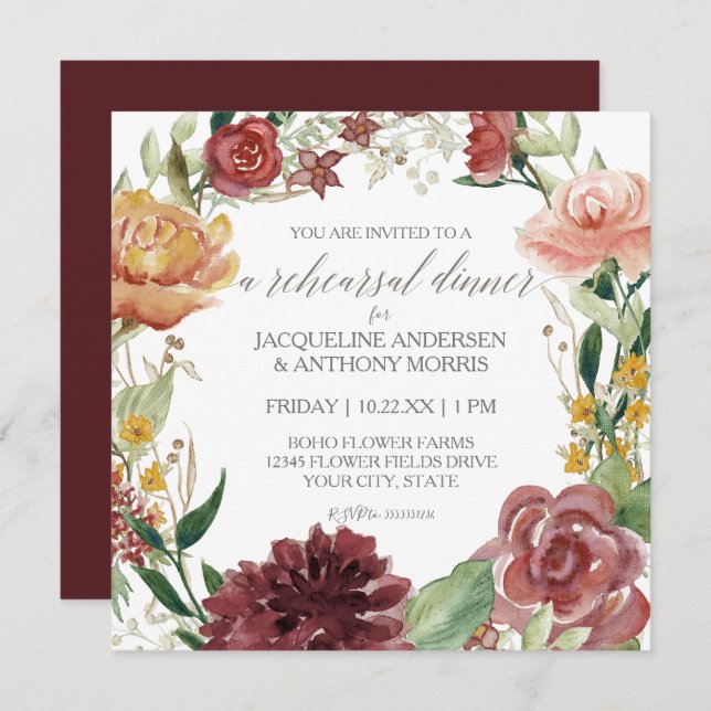 Rehearsal Dinner Rustic Floral Burgundy Blush Rose Invitation (Front/Back)