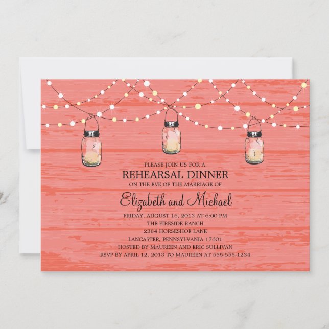 Rehearsal Dinner Rustic Wood Mason Jar and Lights Invitation (Front)
