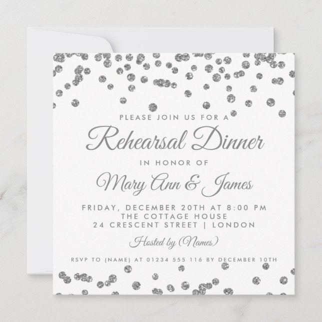 Rehearsal Dinner Silver Glitter Confetti White Invitation (Front)