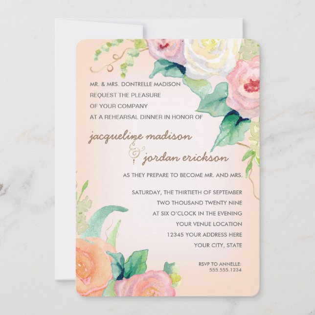 Rehearsal Dinner Simple Modern Watercolor Floral Invitation (Front)