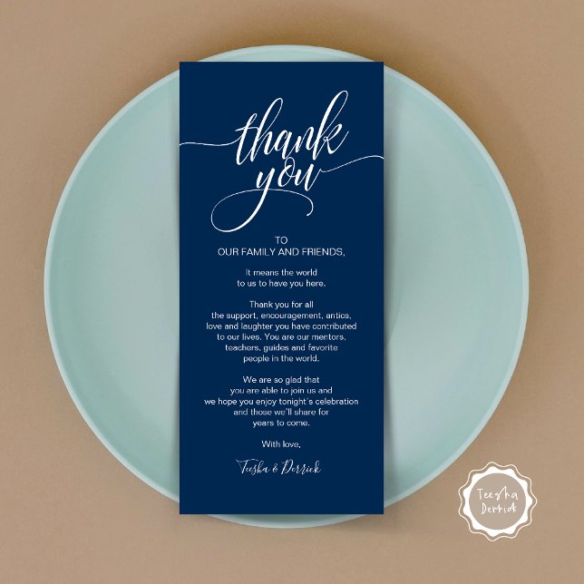 Rehearsal Dinner Thank you Place Setting Card (Rehearsal Dinner Wedding Brunch Celebration, Place Setting Thank You Card, in Navy Blue)