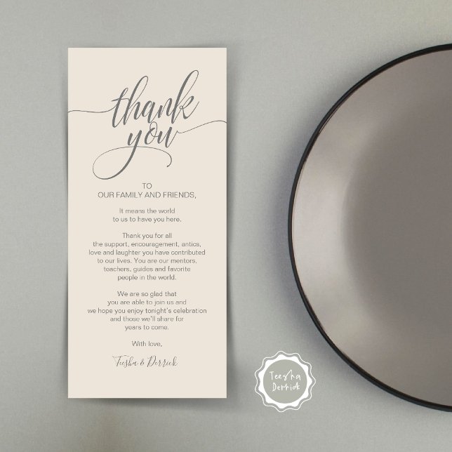 Rehearsal Dinner Thank you Place Setting Card (Rehearsal Dinner Wedding Brunch Celebration, Place Setting Thank You Card, in Cream Grey)