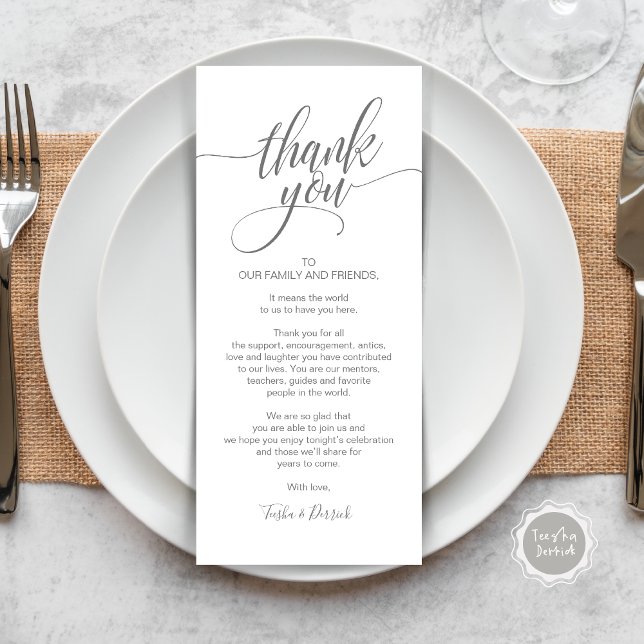 Rehearsal Dinner Thank you Place Setting Card (Wedding Dinner Place Setting Thank You Card, Modern Classy Elegant Script, Dark Grey)