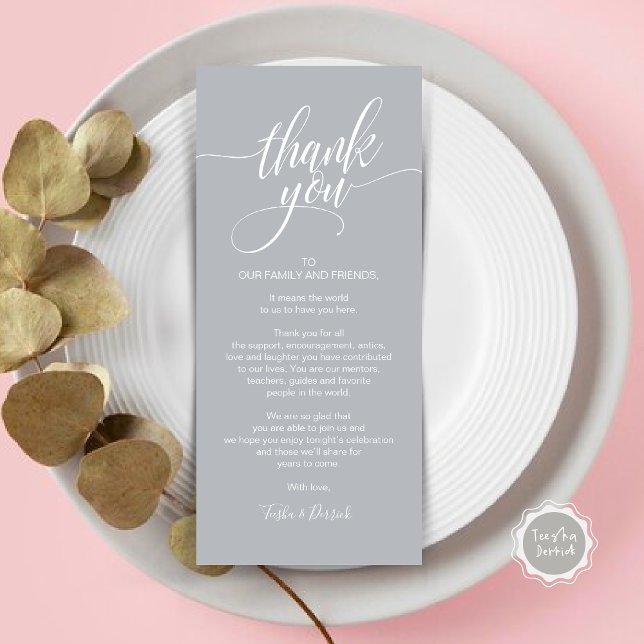 Rehearsal Dinner Thank you Place Setting Card (Wedding Dinner Place Setting Thank You Card, Modern Classy Elegant Script, Chill Grey)