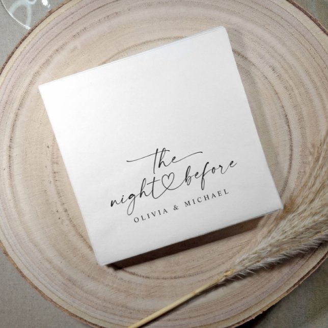 Rehearsal Dinner The Night Before Modern Wedding Napkin (Modern black and white rehearsal dinner napkins with “the night before” script and heart design.)