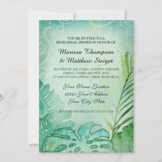 Rehearsal Dinner Tropical Philodendron Leaf Palm Invitation (Front)