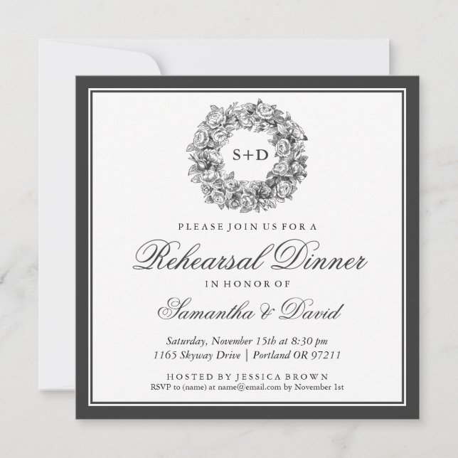 Rehearsal Dinner Vintage Floral Monogram Black Invitation (Front)