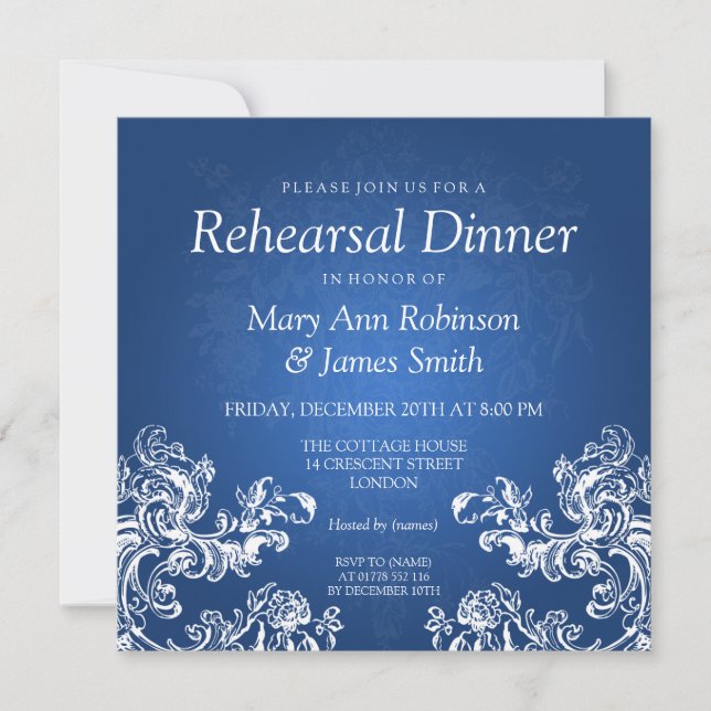 Rehearsal Dinner Vintage Swirls 2 Sapphire Blue Invitation (Front)