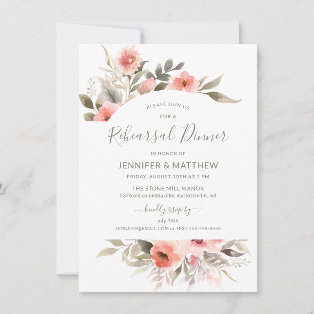 Rehearsal Dinner Watercolor Blush Rose Wreath Invitation (Front)