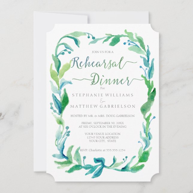 Rehearsal Dinner Watercolor Laurel Leaf Foliage Invitation (Front)