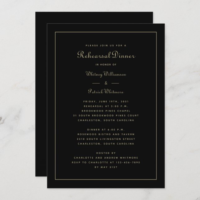 Rehearsal Dinner Wedding Elegant Black & Gold Invitation (Front/Back)