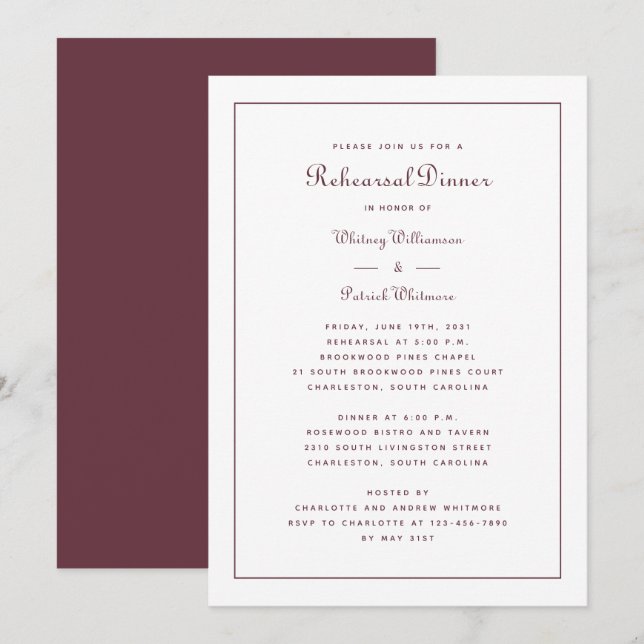 Rehearsal Dinner Wedding Elegant Script Burgundy Invitation (Front/Back)