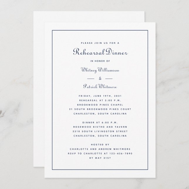 Rehearsal Dinner Wedding Elegant Script Navy Blue  Invitation (Front/Back)