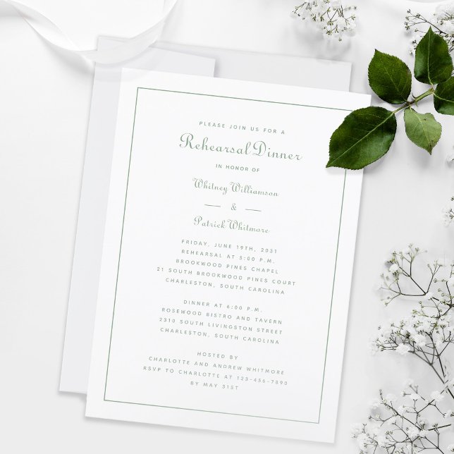 Rehearsal Dinner Wedding Elegant Script Sage White Invitation (Formal Rehearsal Dinner Wedding Elegant Script Sage White Invitation)