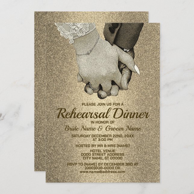 Rehearsal Dinner Wedding Golden Glitter Elegant Invitation (Front/Back)