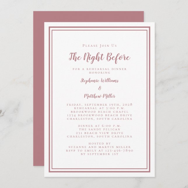Rehearsal Dinner Wedding Night Before Dusty Rose Invitation (Front/Back)