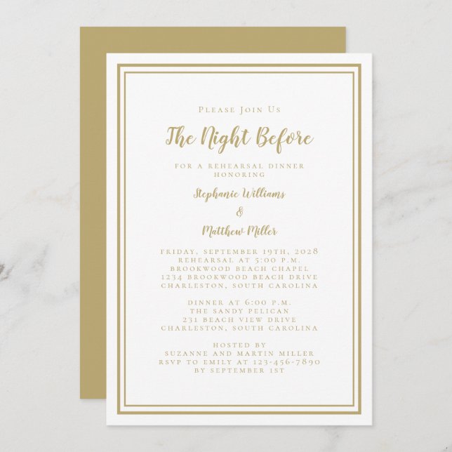 Rehearsal Dinner Wedding Night Before Gold White   Invitation (Front/Back)