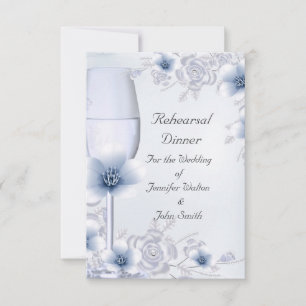Rehearsal Dinner Wedding Silver Blue Rose Blossom Invitation