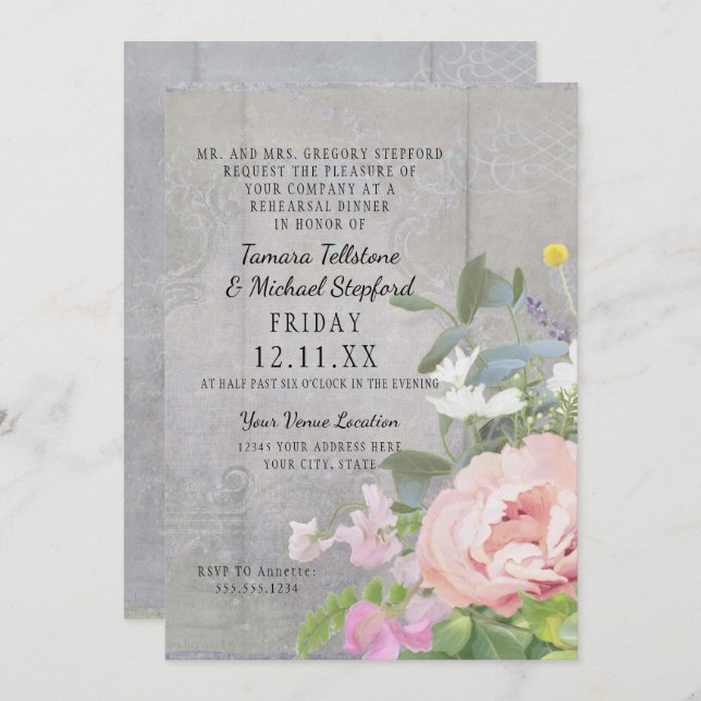 Rehearsal Dinner Wild Flower Peony Rustic Wood Art Invitation (Front/Back)