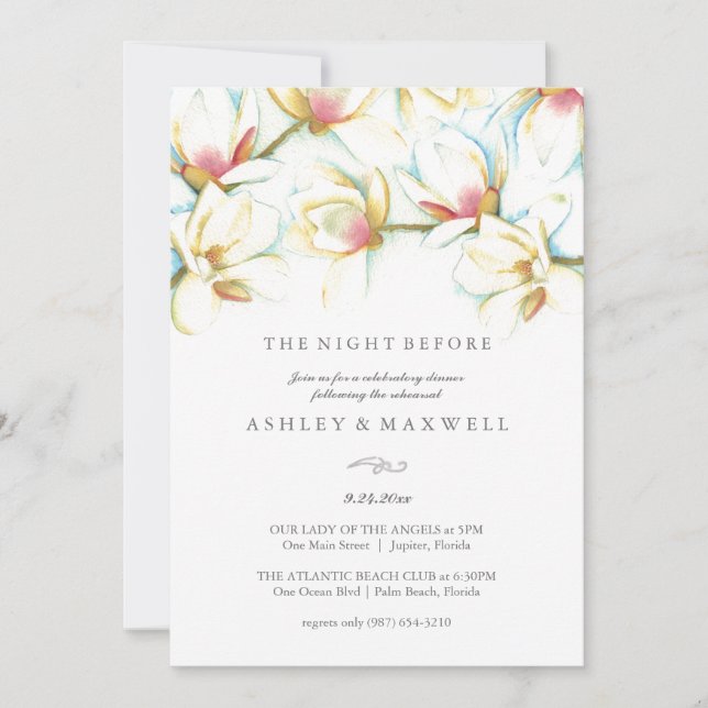 Rehearsal Invitations Watercolor White Magnolia (Front)