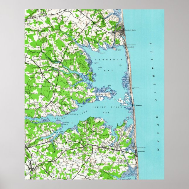 Rehoboth Beach & Bethany Beach Delaware Map (1938) Poster (Front)