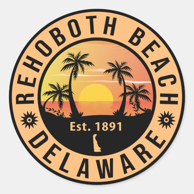 Rehoboth Beach Delaware Retro Sunset Souvenirs 70s Classic Round Sticker (Front)