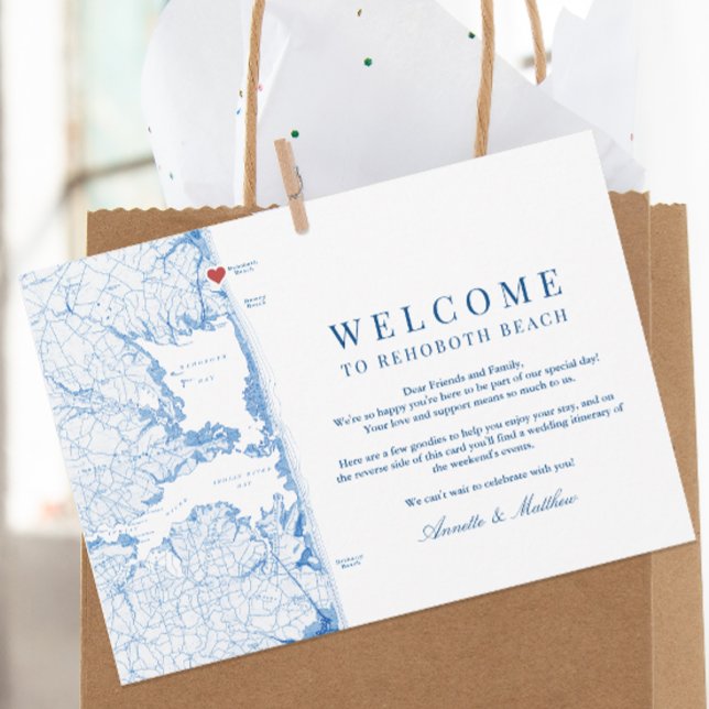 Rehoboth Beach Wedding Welcome Itinerary Thank You Card (Rehoboth Beach Wedding Weekend Itinerary card with welcome letter from Coastal Map Designs)