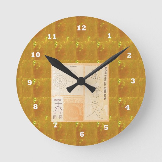 REIKI Healing Gold : Symbols Signs CRYSTAL Gold Round Clock (Front)