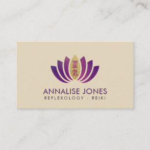 Reiki Healing symbol on gold purple lotus petals Business Card