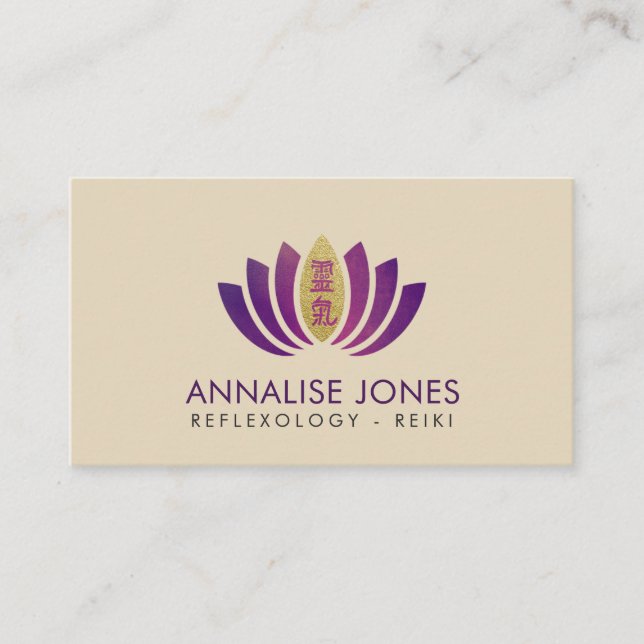 Reiki Healing symbol on gold purple lotus petals Business Card (Front)